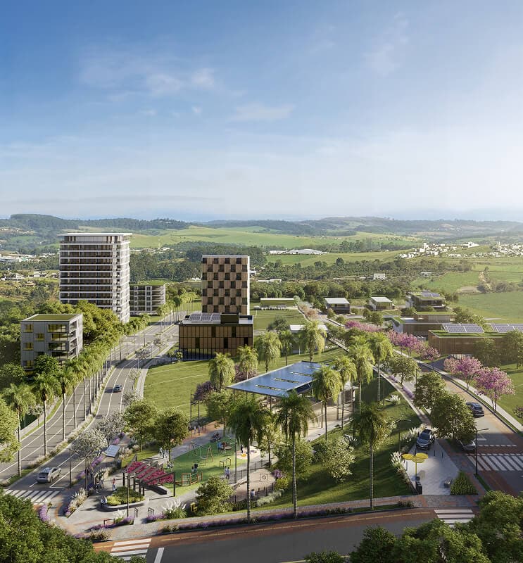 Vista área do bairro Origens com um parque, ciclovia e prédios modernos Vista área do bairro Origens com um parque, ciclovia e prédios modernos